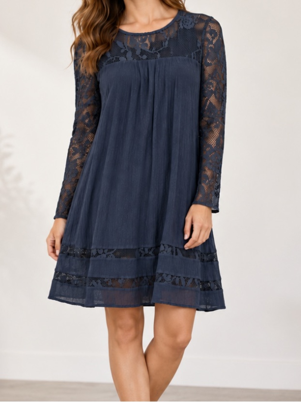 Sundance Crochet Lace Sleeve Woven Gauze A-Line Dress Blue Medium Petite